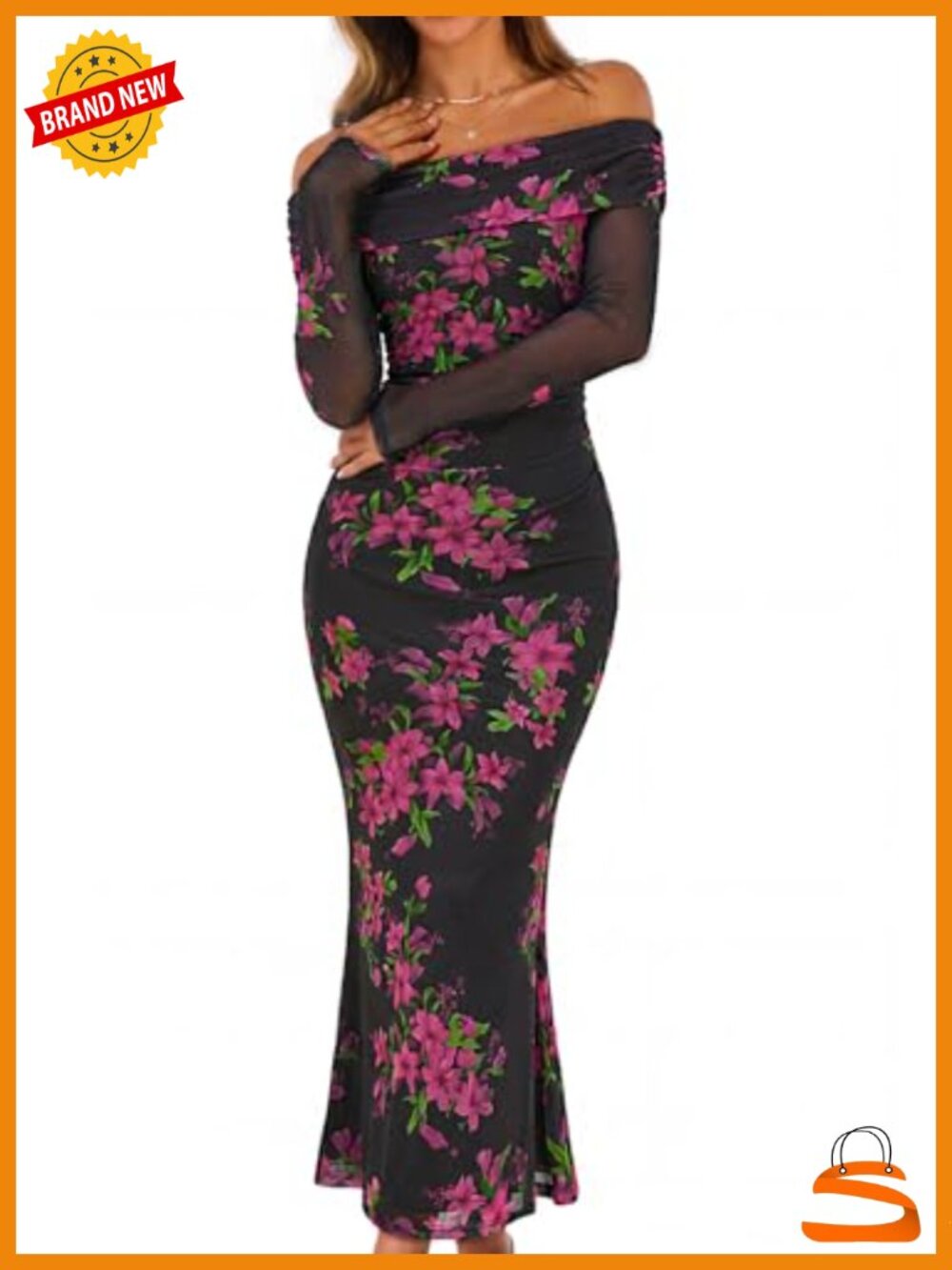 Womens Off Shoulder Floral Bodycon Maxi Dress Long Sleeve Ruched Mesh M